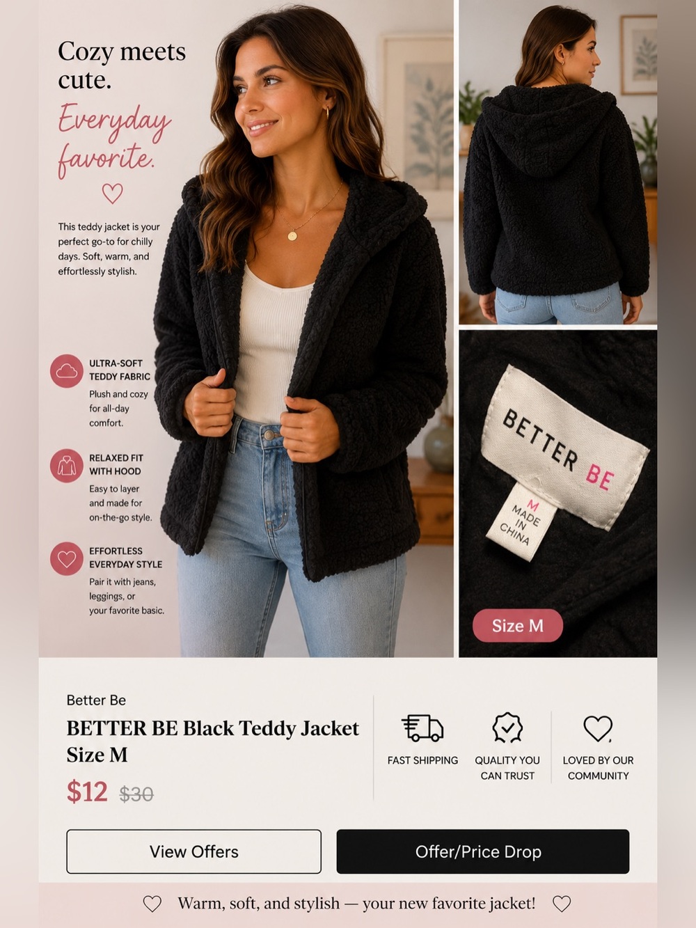 BETTER BE Black Teddy Jacket Size M